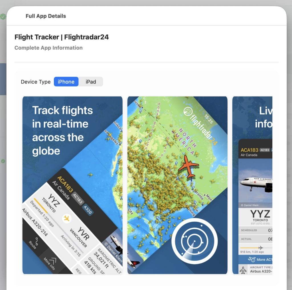 Screenshots of the detail page in Altis ASO of the Flight Radar app which outperforms thanks to its ASO positioning and optimized screenshots.