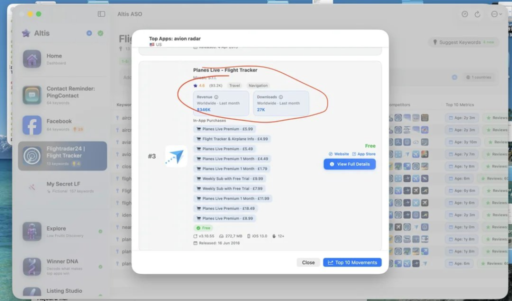 Screenshot of the ASO tool "Altis ASO" showing the revenue and downloads of the "Planes Live" app on the keyword "avion radar".